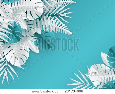Tropical Paper Palm, Monstera Leaves Frame. Summer Tropical Leaf. Origami Exotic Hawaiian Jungle, Su
