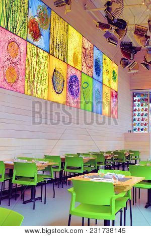 March 8, 2018 In Seattle, Wa:  Restaurant With An Artistic Design Including Stained Glass Windows Wi
