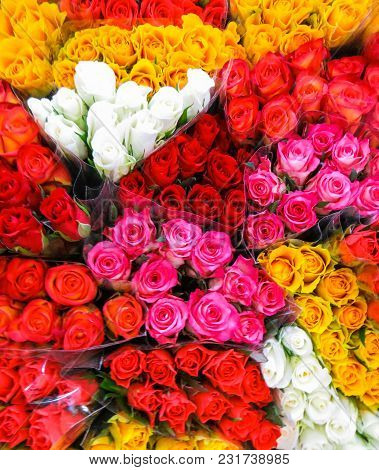 Street Flower Market. Bunches Of Bouquets Of Colored Roses For Sale