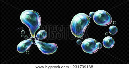 Set Of Realistic Transparent Colorful Soap Bubbles In The Deformation. Water Spheres With Air, Soapy