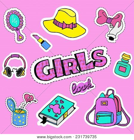 Fashion Girlish Patch Badges With Book, Bow, Journal, Bonnet, Pomade, Hearts. Very Large Set Of Girl