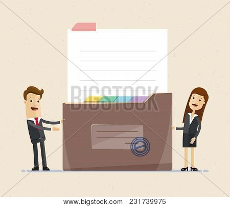 Bsiness Man And Business Woman Standing With Big Brown Envelop And Document, Business Contract, Agre