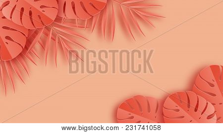 Tropical Paper Palm, Monstera Leaves Frame. Summer Tropical Leaf. Origami Exotic Hawaiian Jungle, Su