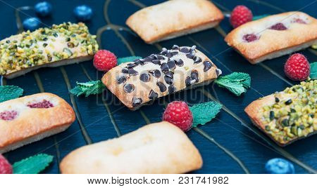Vegan Cakes Decorated With Mint And Berries. Product Photography For Patisserie.