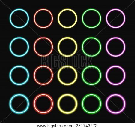 Colorful Neon Ring Set. Color Glowing Rings Various Intensity Light. Vector Illustration.