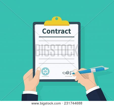 Man Hold Contract Signing. Contract With Stamp And Signature. Concept For Web Banners, Web Sites, In