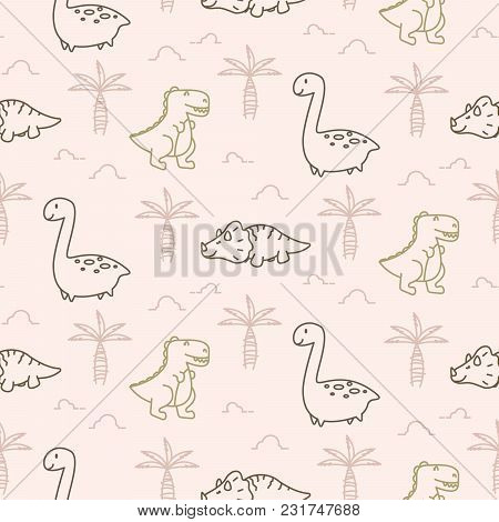 Cute Dinosaurs Seamless Vector Pattern. Funny Animals Repeat Background For Kids Apparel And Textile
