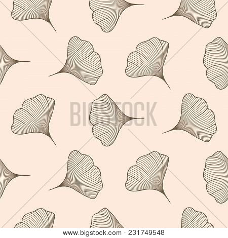 Ginkgo Leaves Seamless Vector Pattern. Line Style Pink Repeat Floral Background.