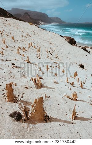 Bizarre Sandstone Formations In The Lunar Landscape On The Coastline Of Sao Vicente Island Cape Verd
