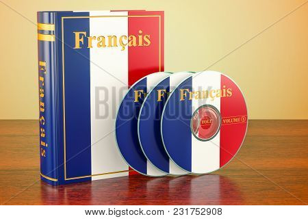 French Book With Flag Of France And Cd Discs On The Wooden Table. 3d Rendering