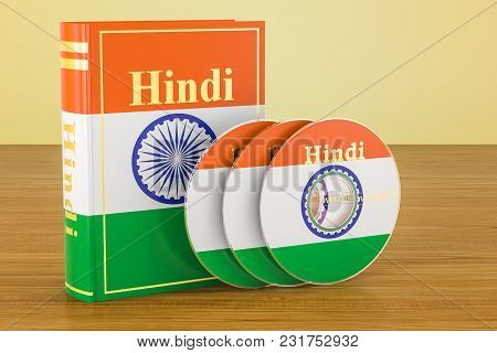 Hindi Book With Flag Of India And Cd Discs On The Wooden Table. 3d Rendering