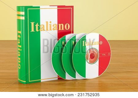 Italian Book With Flag Of Italy And Cd Discs On The Wooden Table. 3d Rendering