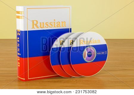 Russian Book With Flag Of Russia And Cd Discs On The Wooden Table. 3d Rendering