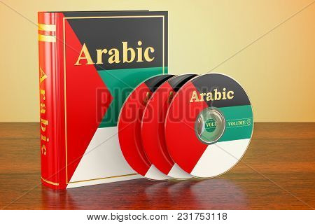 Arabic Book With Cd Discs On The Wooden Table. 3d Rendering