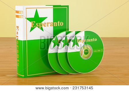 Esperanto Language Textbook And Cd Discs On The Wooden Table. 3d Rendering