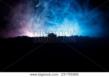 War Concept. Military Silhouettes Fighting Scene On War Fog Sky Background, World War German Tanks S