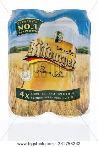 Winneconne, Wi - 10 March 2018: A Four Pack Of Bitburger Beer On An Isolated Background.