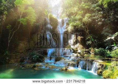 Tat Kuang Si Waterfalls At Luangprabang Laos. Sunset
