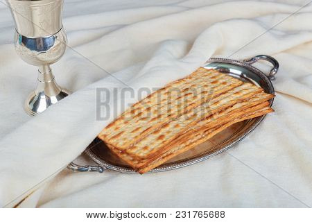 Pesach Passover Symbols Of Great Jewish Holiday. Traditional Matzoh, Matzah Or Matzo. Retro Style