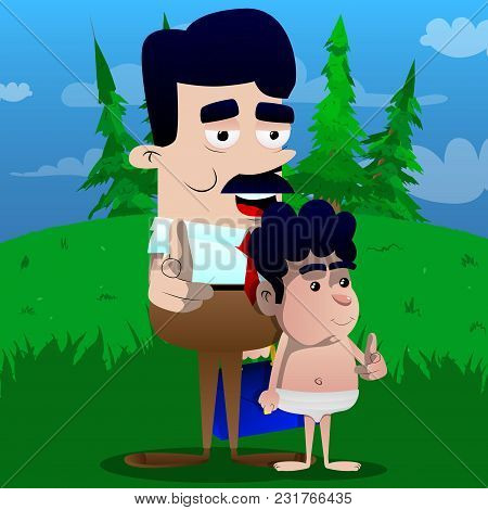 Happy Smiling Successful Businessman And Father Pointing At The Viewer With His Hand With His Son. V