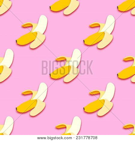Banana Seamless Pattern In Paper Cut Style. Origami Yelllow Tropical Fruit On Pink. Vector