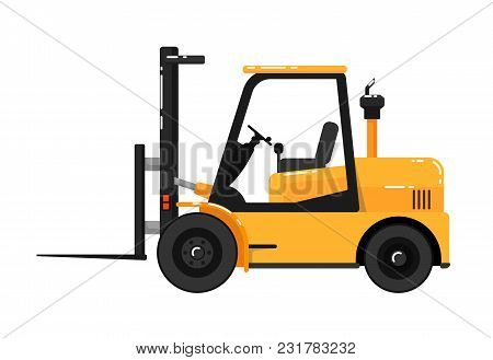 Yellow Forklift Truck Isolated On White Background Illustration. Construction Machine In Flat Design