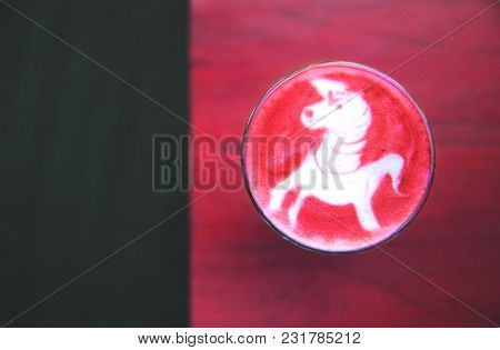 Beetroot Latte On Color Wooden Background With Unicorn Art On The Top. Flat Lay View. Color Trendy L