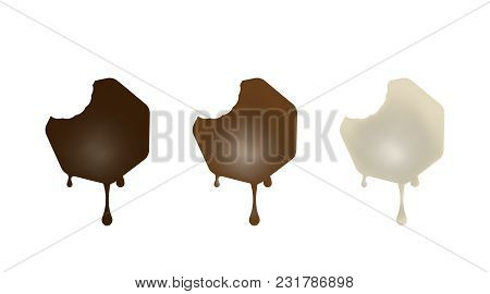 Collection Of Chocolate Baked In The Shape Of A Heptagon. Black, White, Milk. Vector Illustration.