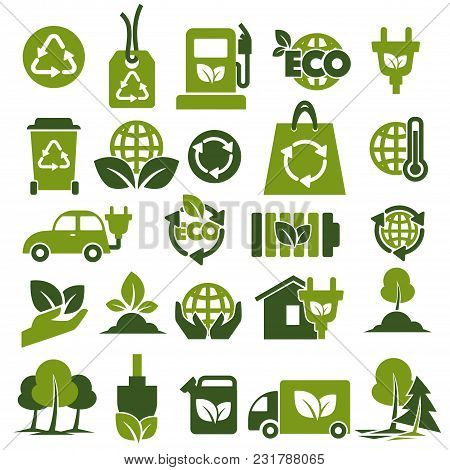 Environment Protection And Recycling Themed Small Green Icons Set. Ecological Energy And Planet Safe