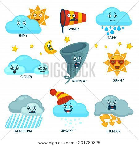 Weather Forecast Elements With Faces And Signs Set. Sun And Clouds With Emotional Faces. Strong Wind