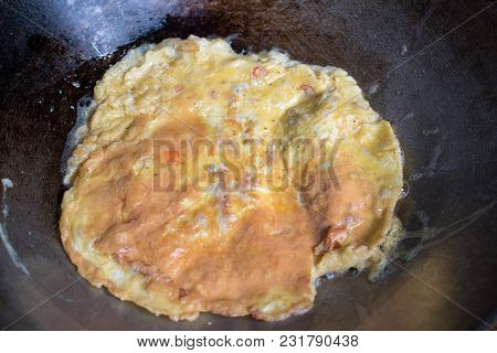 Tradition Omelet Mix Other Meat Cooking On Pan In Kitchen