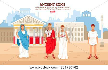 Ancient Rome Flat Composition Poster With Imperial Couple And Plebeians Citizens Characters And Pant