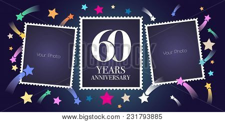 60 Years Anniversary Vector Emblem, Logo. Template Design, Greeting Card With Photo Frame Collage On