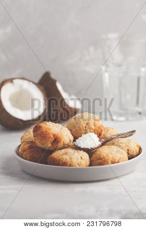 Healthy Vegan Homemade Coconut Cookies, Light Background. Healthy Vegan Food Concept.