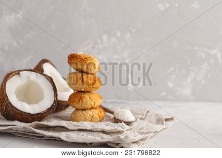 Healthy Vegan Homemade Coconut Cookies, Light Background. Healthy Vegan Food Concept.