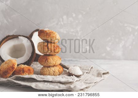 Healthy Vegan Homemade Coconut Cookies, Light Background. Healthy Vegan Food Concept.