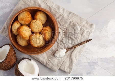 Healthy Vegan Homemade Coconut Cookies, Light Background. Healthy Vegan Food Concept.