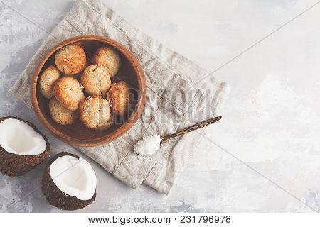 Healthy Vegan Homemade Coconut Cookies, Light Background. Healthy Vegan Food Concept.