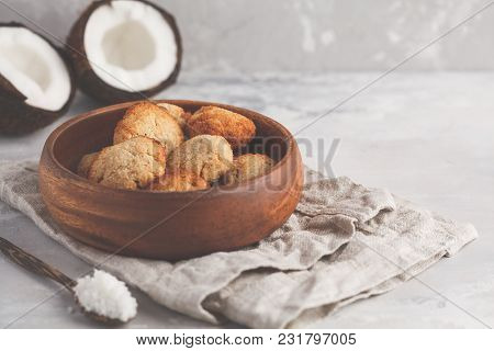 Healthy Vegan Homemade Coconut Cookies, Light Background. Healthy Vegan Food Concept.