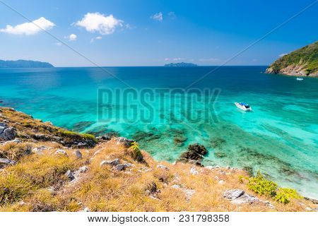 Aerial View point of Tropical white sand beach and snorkel point at cockburn island andaman sea indian ocean Myanmar and Thailand. (Selective Focus at Foreground)