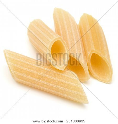 Italian pasta isolated on white background. Pennoni. Penne rigate.