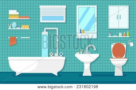 Furnishing Bathroom Interior With Bath Washbasin And Toilet