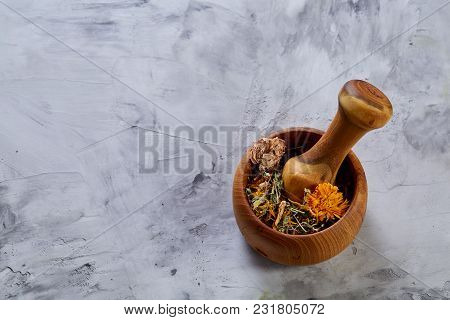 Spa Still Life With Flowers In Wooden Bowl On Light Textured Background, Top View, Close-up, Selecti