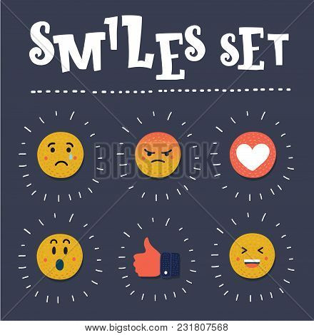 Face With Emotions. Mood. Thumb Up, Heart, Sad, Angry, Laughin, Crying Faces Black And White Modern 