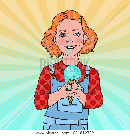 Pop Art Little Girl Eating Tasty Ice Cream. Cute Happy Child Tastes Cold Cone Dessert. Vector Illust