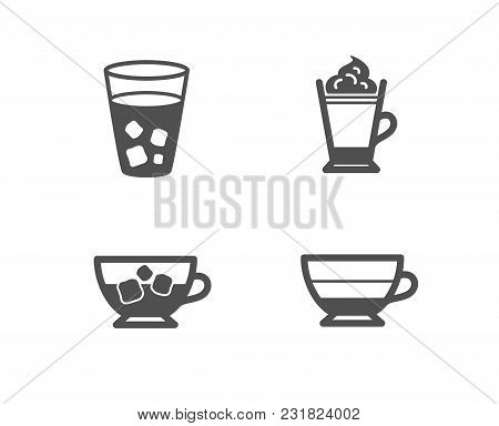 Set Of Cold Coffee, Latte Coffee And Ice Tea Icons. Americano Sign. Ice Cubes In Beverage, Hot Drink