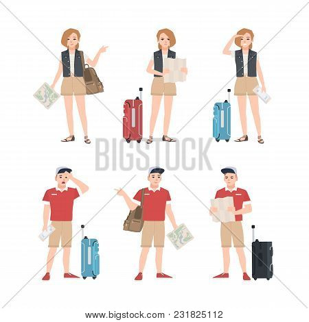Collection Of Male And Female Travelers With Map Standing In Various Poses. Set Of Man And Woman Tou