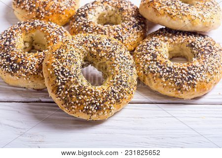 Homemade New York Bagels On Rustic Background