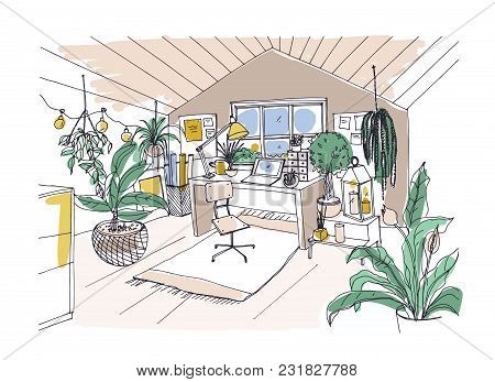 Colored Sketch Of Cozy Cabinet, Mansard Or Attic Room Furnished In Trendy Scandinavian Hygge Style A