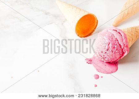 Homemade Berry Ice Cream In Ice Cream Cones, White Marble Background Copy Space